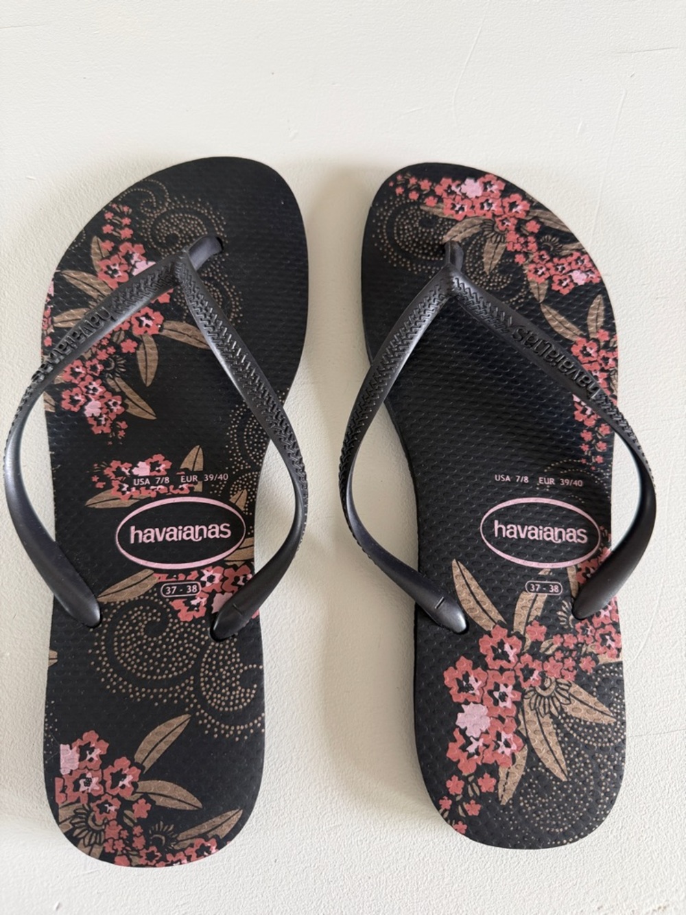 Havaianas Black Flip Flops with Pink Floral Print